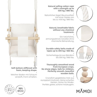 MAMOI® baby swing, indoor baby swing, wooden children's swing, wood swing for kids, door frame swings, swing, toddler swing for children's room aged 1 year and up.