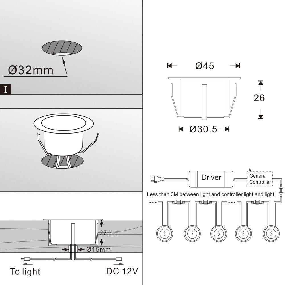 CHNXU Terrace Recessed Lights - 10-Piece Set Stair Step Lights Outdoor 1W Ø45mm Ground Lights IP67 Waterproof Warm White Exterior LED Recessed Light for Garden Pathway Kitchen Balcony Stairs Wood Deck.