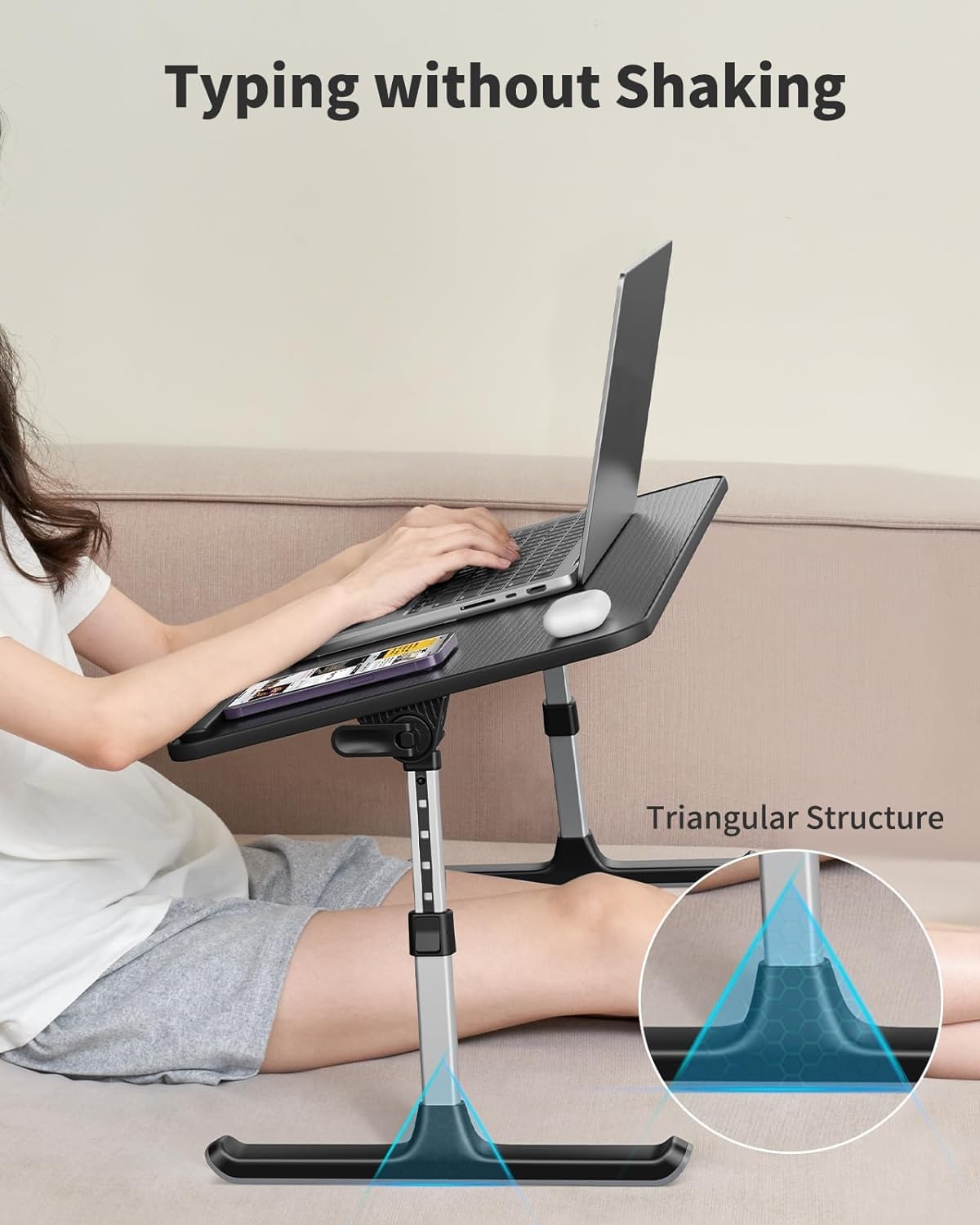 Table, Bed Table, SAIJI Laptop Stand, Breakfast Tray, 5 Heights, 4 Angles, Stable Folding Table for Bed Sofa Desk, Up to 17'' Laptop (60 * 33cm Black)