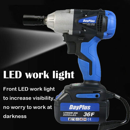 Autofather 18V Cordless Impact Wrench 420Nm torque, 2900rpm, 1/2" anvil; 6000mAh battery, fast charger, 4 sockets (17/19/20/22 mm), belt clip, and carrying case included.