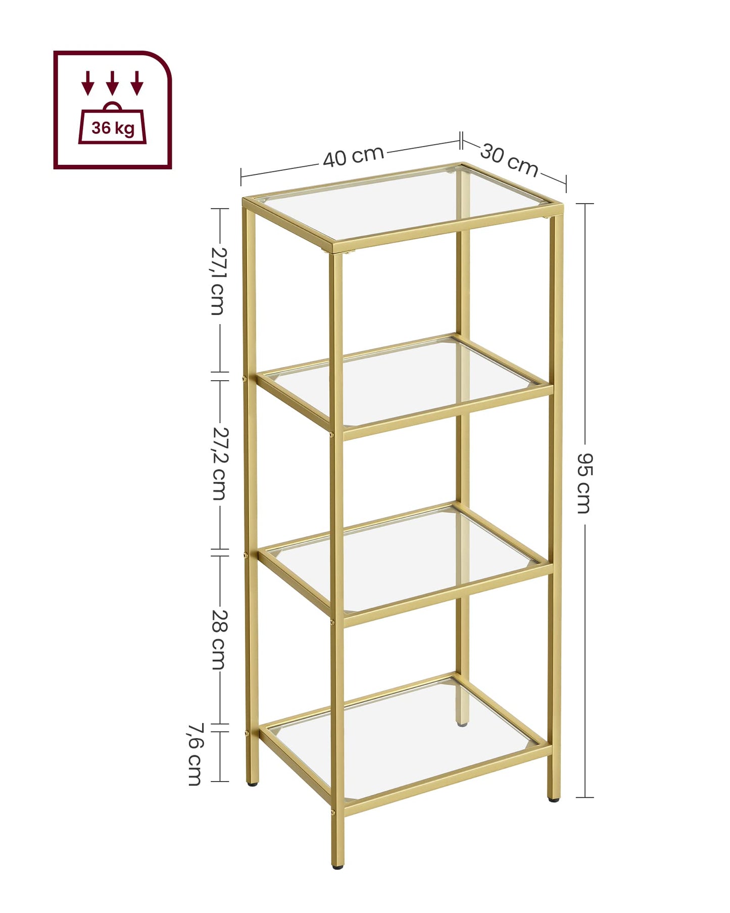 VASAGLE 4-tier shelf, bathroom shelving unit, tempered glass, easy assembly, for bathroom, living room, kitchen, office, clear-metallic gold LGT28G