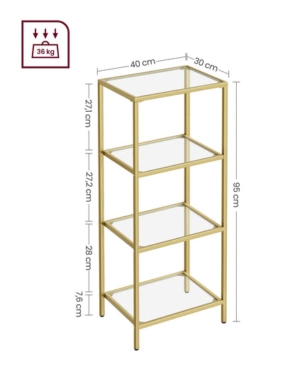 VASAGLE 4-tier shelf, bathroom shelving unit, tempered glass, easy assembly, for bathroom, living room, kitchen, office, clear-metallic gold LGT28G
