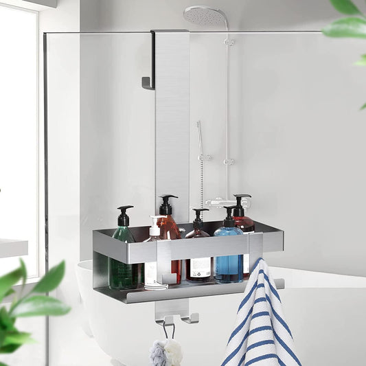 NEOVSUNY Hanging Shower Caddy, No Drilling Shower Shelf, Hanging Shower Basket Stainless Steel SUS304 for Frameless Glass Door, Bathroom Organizer Shampoo Holder for Shower, with 2 Movable Hooks, Silver
