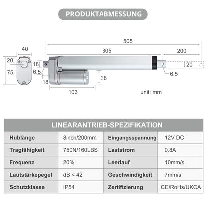 Justech Linear Actuator Motor Linear Drive Linear Motor Adjustment Drive Gate Opener 12v DC 750N 200mm