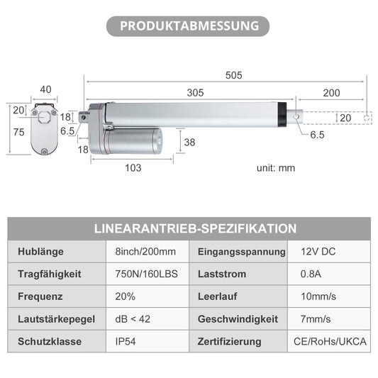 Justech Linear Actuator Motor Linear Drive Linear Motor Adjustment Drive Gate Opener 12v DC 750N 200mm