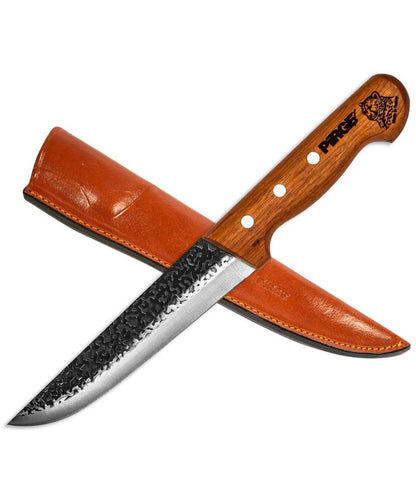 Pirge Elite Hand-Forged Butcher Knife with Leather Sheath 16.5 cm - Butcher Knife - Boning Knife - Exceptional Sharpness Butcher Knife - Stainless Steel Kitchen Knife - Natural Wood Handle Design