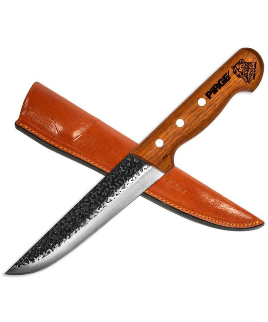 Pirge Elite Hand-Forged Butcher Knife with Leather Sheath 16.5 cm - Butcher Knife - Boning Knife - Exceptional Sharpness Butcher Knife - Stainless Steel Kitchen Knife - Natural Wood Handle Design
