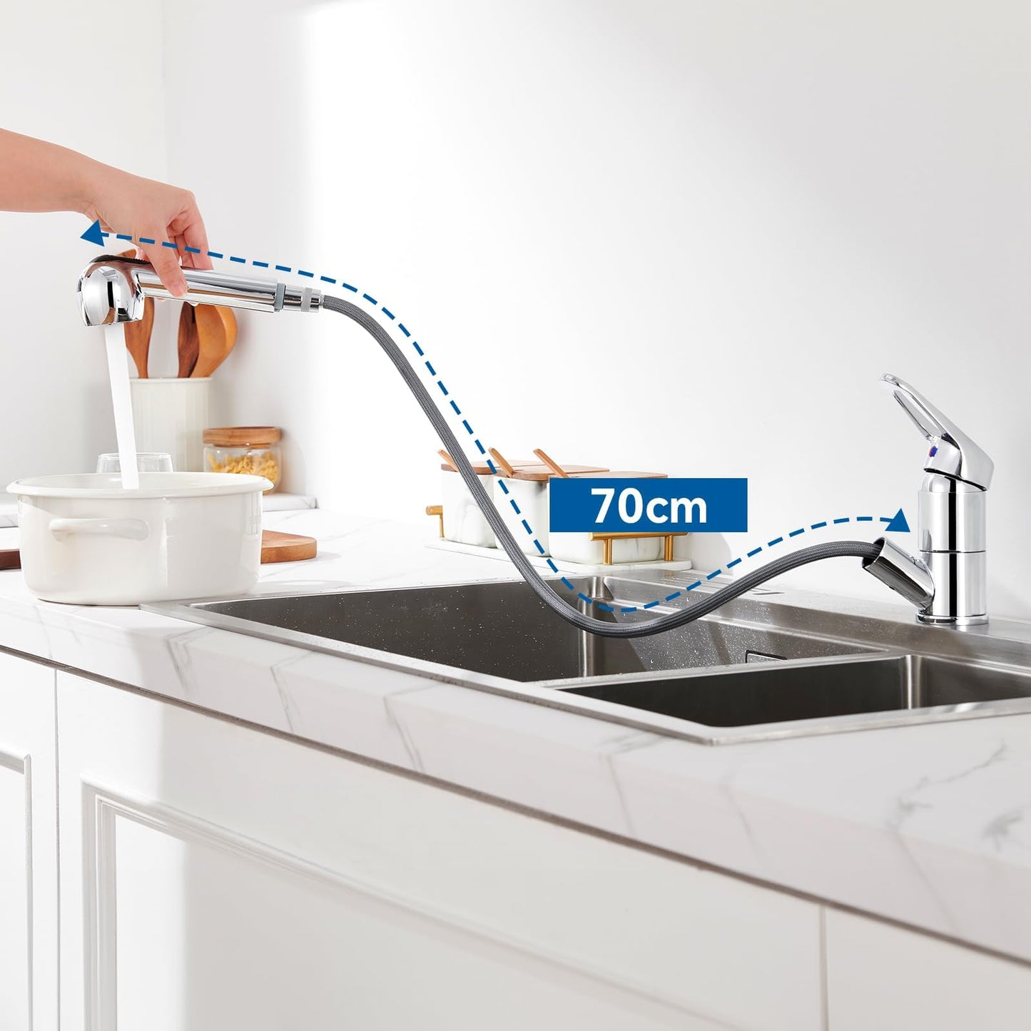 Auralum Single Lever Kitchen Faucet with 2 Spray Modes Dish Shower Tap Kitchen Pull-Out Sink Mixer Tap Faucet with 360° Swivel Chrome Single Handle Mixer Tap for Kitchen