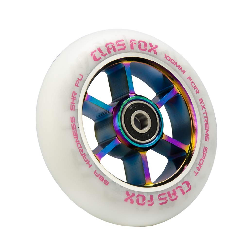 CLAS FOX Pro Stunt Scooter Wheels Roller Wheels 110mm A Pair with ABEC-9 Ball Bearings CNC Metal Core (2 pieces) (White-Rainbow)