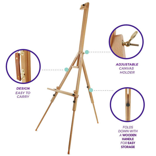 Mont Marte Heavy Duty Tripod Easel, foldable, adjustable artist easel made of beech wood for painting, for canvases up to 120cm.