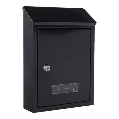 Profirst Mail PM 400 mailbox in black-grey steel with cylinder lock, 2 keys, viewing window, name tag holder, dual entry, and mounting material included.
