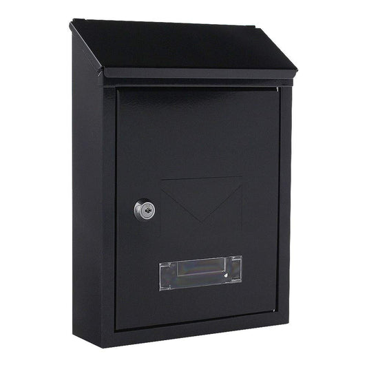 Profirst Mail PM 400 mailbox in black-grey steel with cylinder lock, 2 keys, viewing window, name tag holder, dual entry, and mounting material included.