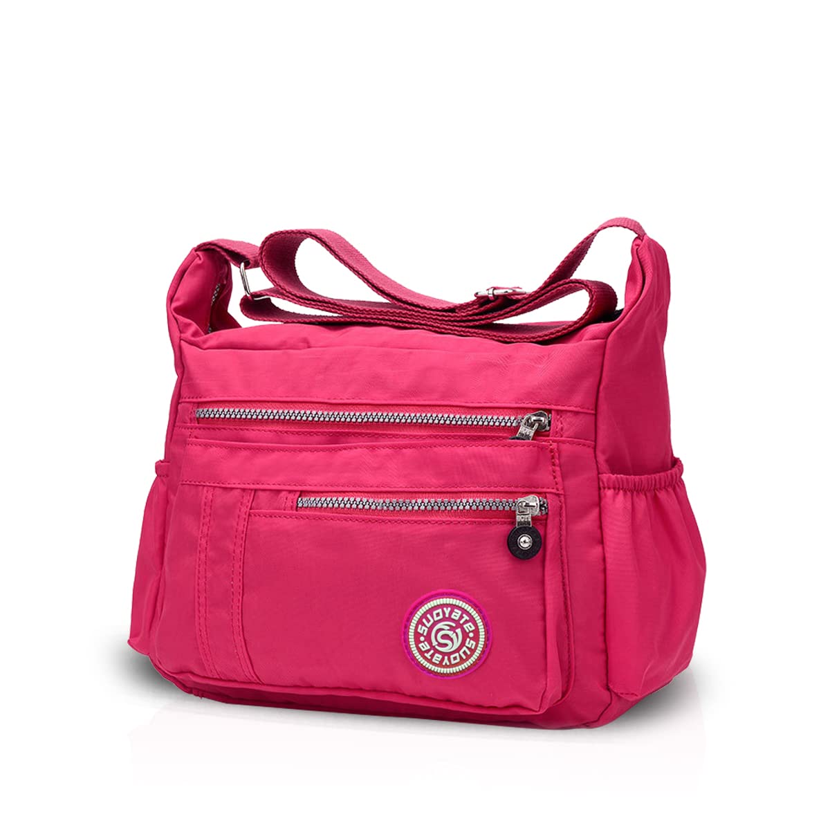 NICOLE & DORIS women's crossbody messenger bag in casual pink nylon, featuring multiple pockets and a zipper closure.