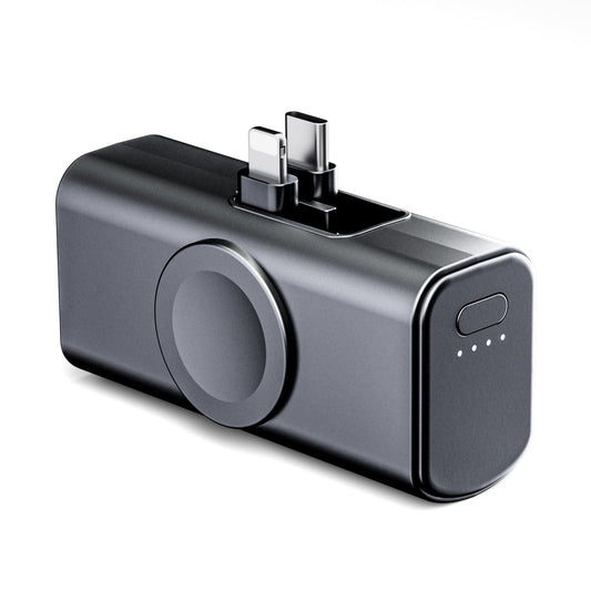 Eazpower Mini Powerbank 5,000mAh, with built-in foldable USB-C and Lightning connectors, compatible with all iPhone series, Samsung S22/23 series, Note20/10 series, Huawei, iPad, AirPods, and more - Black.