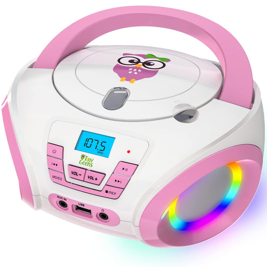TinyGeeks Tunes Kids Boombox CD Player for Children NEW + FM Radio + Includes Batteries + Pink Radio - with Speakers Children and Toddlers - Pink