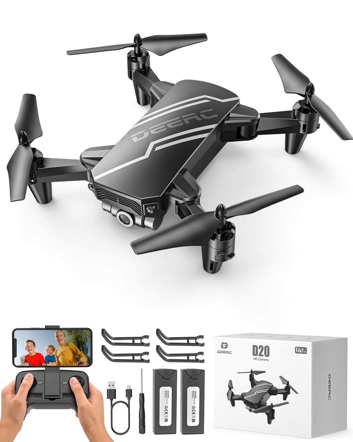 DEERC D20 drone for kids with HD camera, foldable RC quadcopter with FPV live transmission, long flight time, gesture control, flight path, altitude hold, one key start/land, headless mode, 3D flips for beginners.