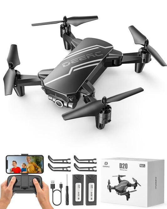 DEERC D20 drone for kids with HD camera, foldable RC quadcopter with FPV live transmission, long flight time, gesture control, flight path, altitude hold, one key start/land, headless mode, 3D flips for beginners.
