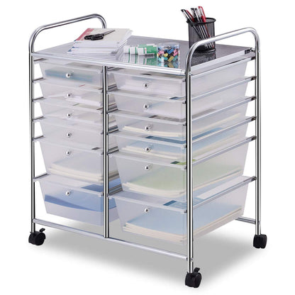 COSTWAY rolling cart with 12 stackable drawers, drawer cart with metal frame and shelf, bathroom cart storage cart for office, living room (Transparent)