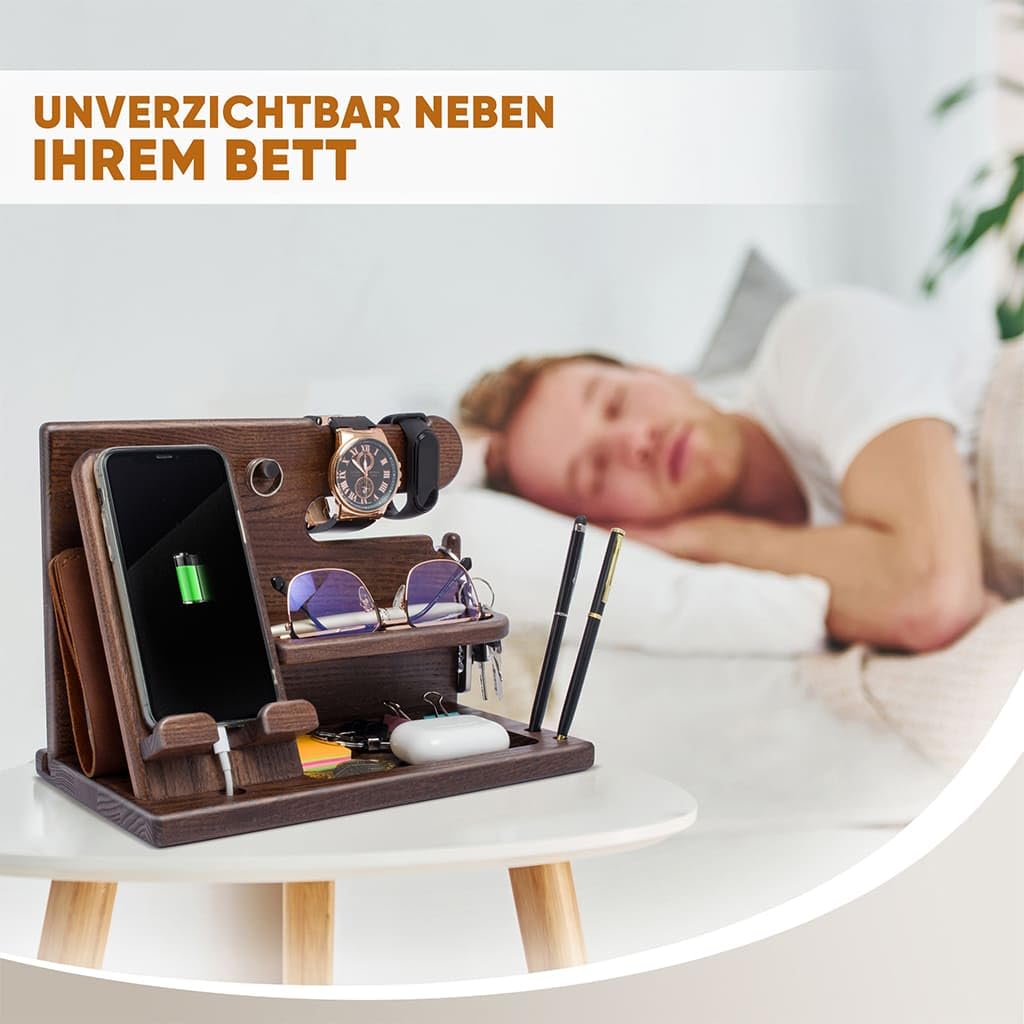 TESLYAR Wooden Phone Docking Station & Desk Organizer in Brown with Phone Stand for Office Storage & Organization/Perfect Men's Gifts for Birthday or Christmas