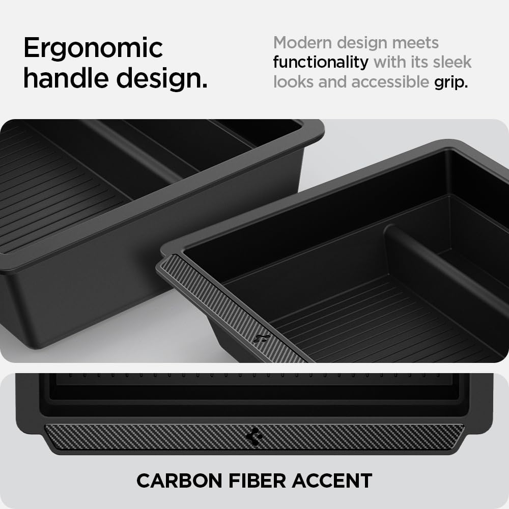 Spigen Tesla Model Y 2025 Juniper Model 3 Highland 2024 2025 Center Console Organizer with Smooth Slide Technology. Storage box armrest tray accessory for Model Y Juniper and 3 Highland - Carbon.