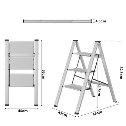 TLGREEN Aluminum Step Ladder 3-step Foldable Ladder Non-slip Standing Ladder Household Ladder Multifunctional Step Stool Easy to Store up to 150kg Load Capacity for Kitchen Household Outdoor Office Silver