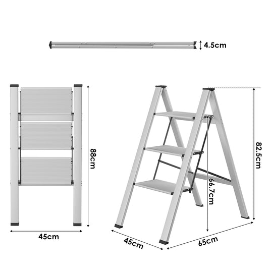 TLGREEN Aluminum Step Ladder 3-step Foldable Ladder Non-slip Standing Ladder Household Ladder Multifunctional Step Stool Easy to Store up to 150kg Load Capacity for Kitchen Household Outdoor Office Silver