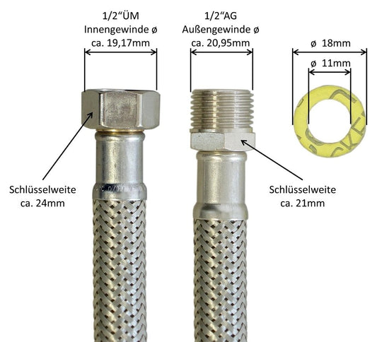H2O-Flex® armored hose 1/2" female x 1/2" male, flexible hose DN13 for sanitary use with drinking water approval, 30cm-2m.