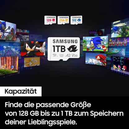 Samsung Sonic the Hedgehog(TM) microSD card + SD adapter, 512GB storage, UHS-I U3, Full HD & 4K UHD, 180MB/s read, 130MB/s write, data storage for handheld consoles, MB-MD512SA/LC1