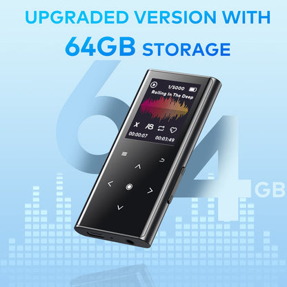 64GB MP3 player, ZOOAOXO with Bluetooth 5.2, built-in HD speaker, FM radio, voice recorder, mini design, 70g weight, HiFi sound, perfect for sports, headphones included.