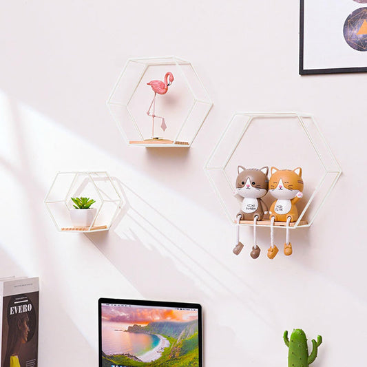 Hexagon wall shelf white metal 3 piece set, shelf wall decor hanging shelf loft wall shelves, wall shelf white for wall decor in living room, bedroom, bathroom, cafe, and hotel.