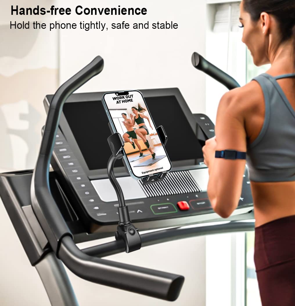 Oilcan Bike Phone Holder Flexible & 360° Rotatable, Handlebar Phone Mount for Elliptical, Treadmill, Spinning Bike, Exercise Bike. Fits iPhone 14 Pro Max, Samsung, 4-7" smartphones.