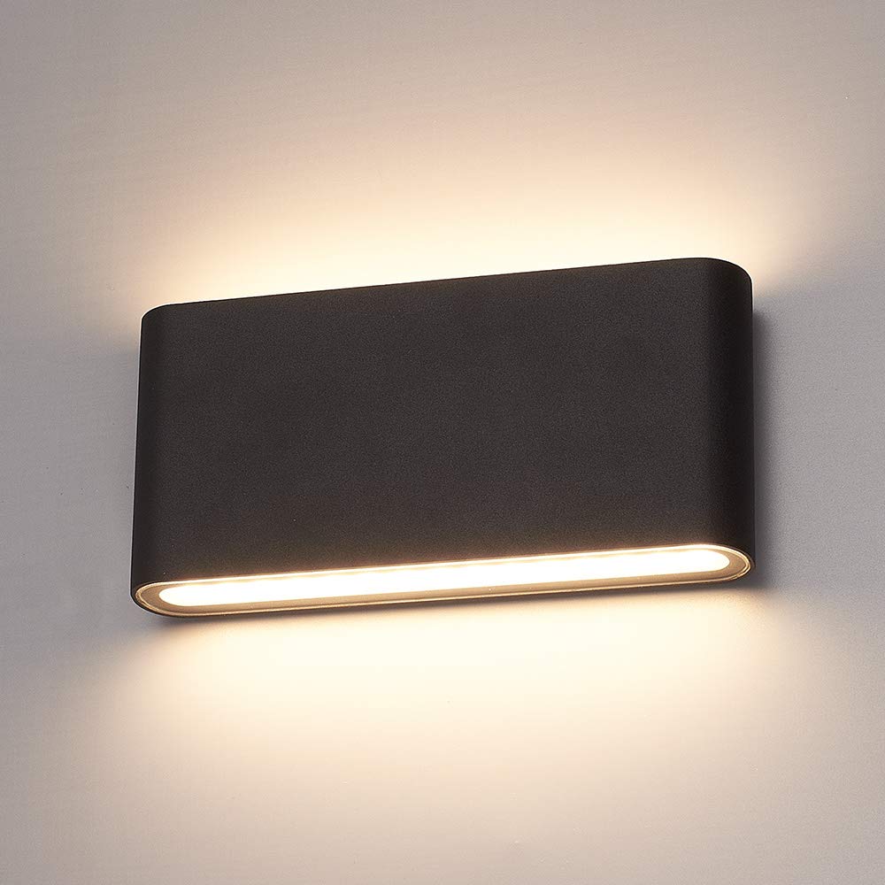 HOFTRONIC - Dimmable LED Wall Light Outdoor Indoor Dallas M Black 12W 3000K Warm White Up Down Spotlight IP54 Waterproof Aluminum. Outdoor light fixture for bathroom, garden, living room wall lamps.
