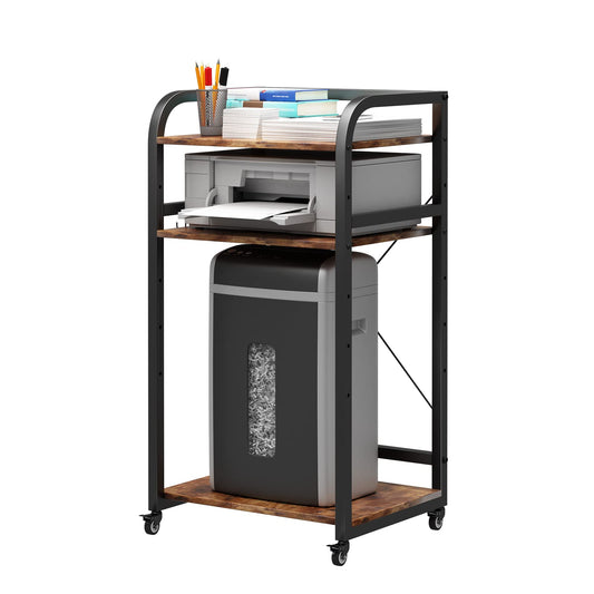 DAWNYIELD 3-tier printer stand with wheels fax shredder, computer shelf adjustable height rolling storage rack for home office with 4 hooks (Vintage)