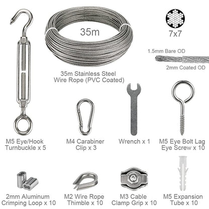 Stainless steel wire rope set with 60pcs, 35m/2mm steel rope for trellis with M5 turnbuckle, eye screw, wire rope clamps, aluminum rope clamps.
