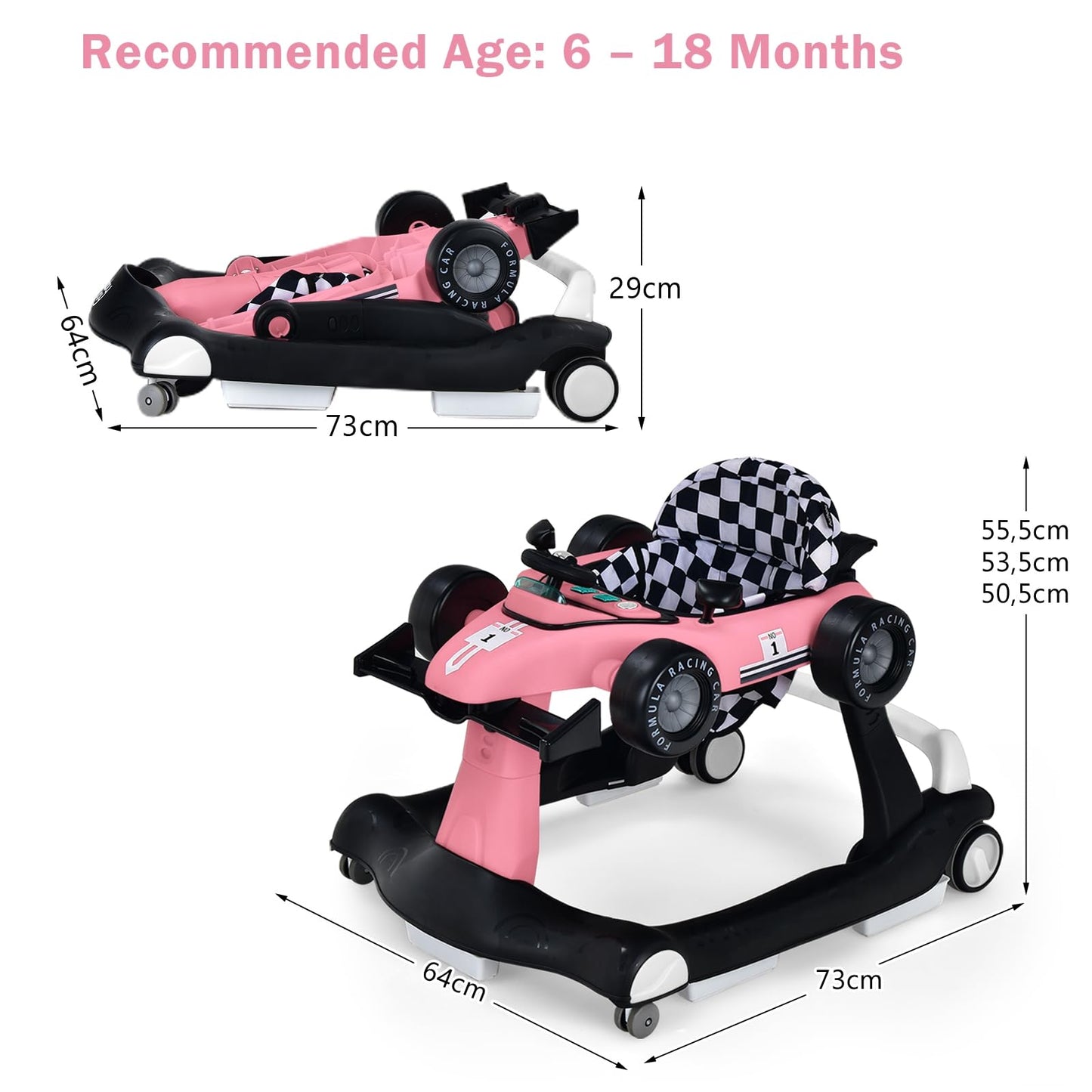 LIFEZEAL 4-in-1 baby walker, height-adjustable & foldable, suitable for babies from 6 months, with adjustable speed, light & music features (pink).