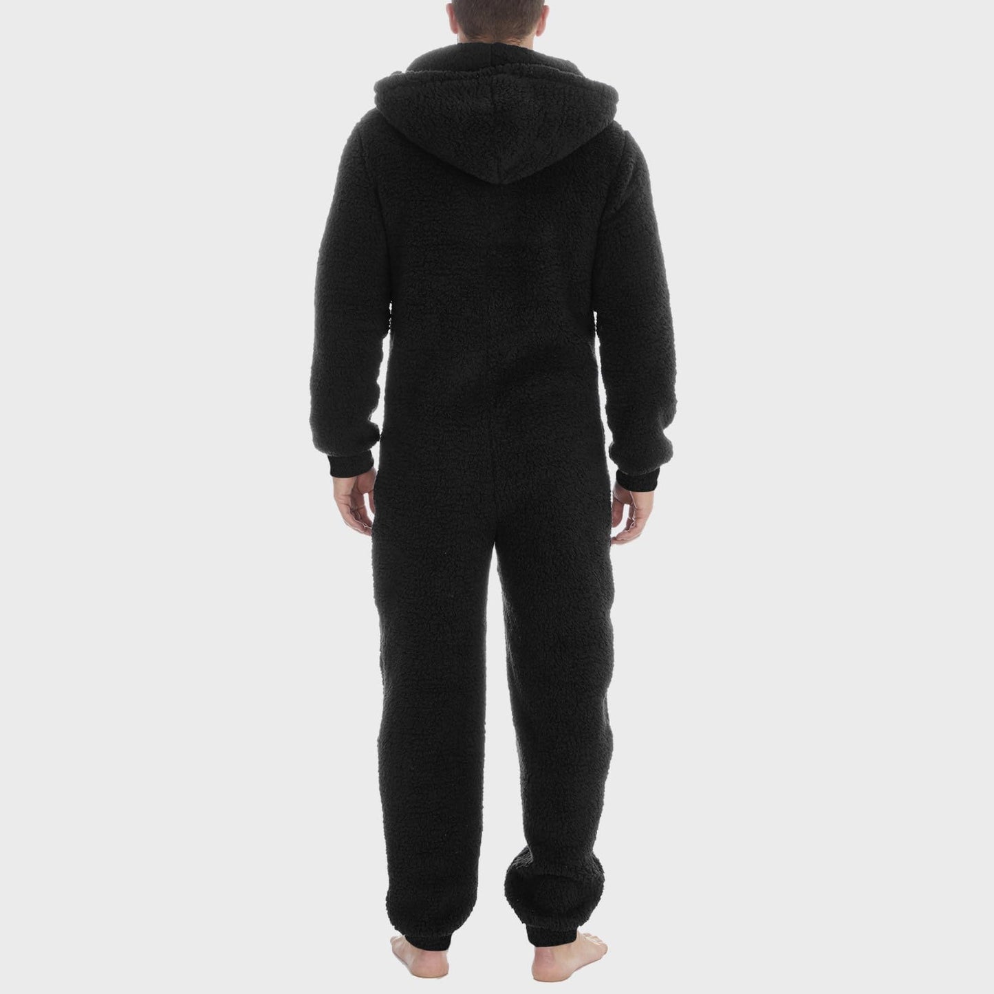 Men's teddy fleece jumpsuit onesie in large size, perfect for winter nights. Warm and fluffy with a hood, this cozy sleepwear is great for lounging around.