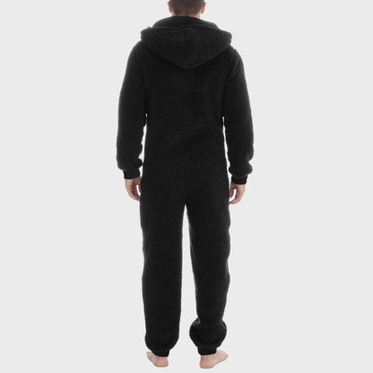 Men's teddy fleece jumpsuit onesie in large size, perfect for winter nights. Warm and fluffy with a hood, this cozy sleepwear is great for lounging around.