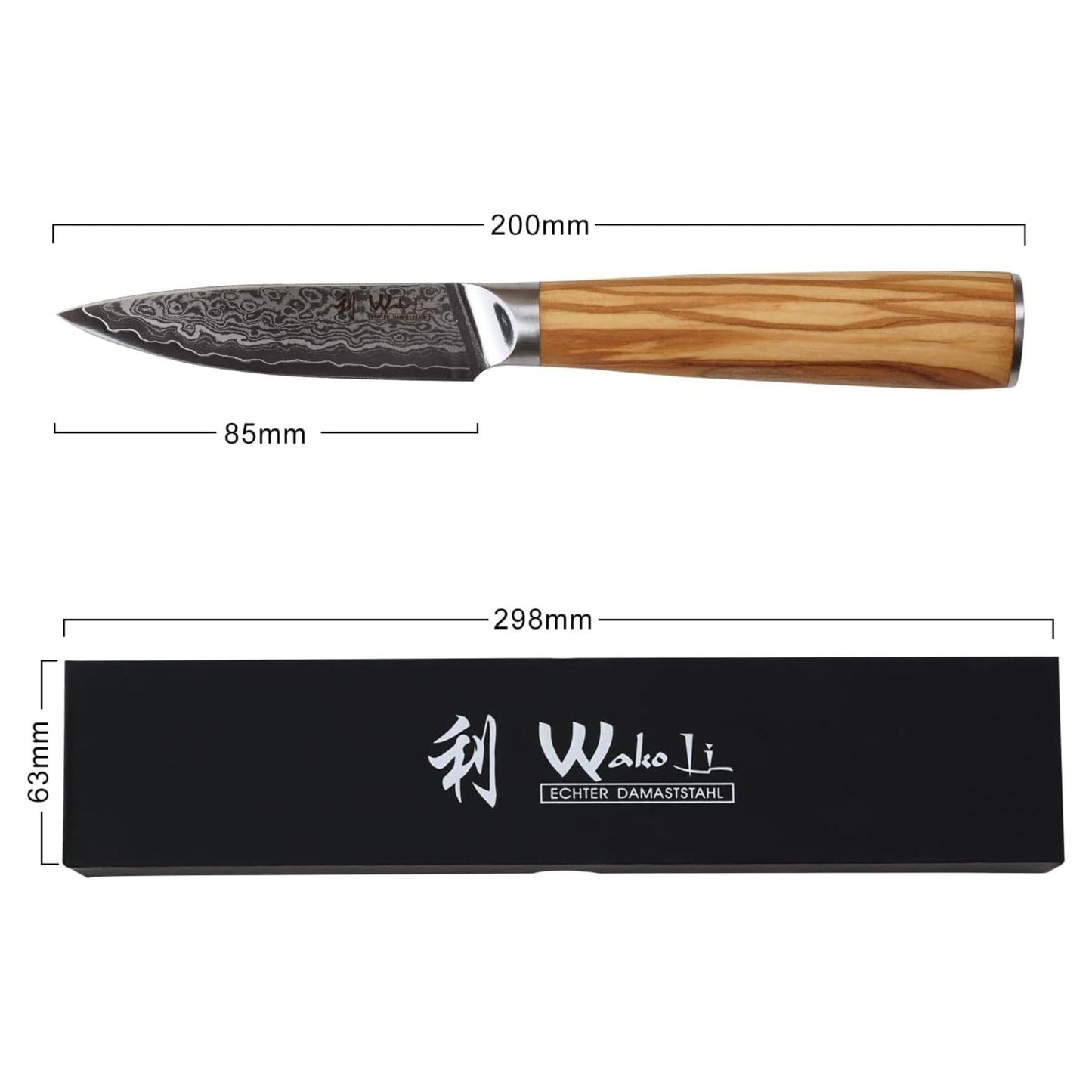 Wakoli Oribu Vegetable Knife Paring Knife Fruit Knife I 8.5 cm blade made of 67 layers of Damascus steel with AUS10 core I Olive wood handle I Sharp kitchen knife for vegetables, fruits & herbs I Gift box