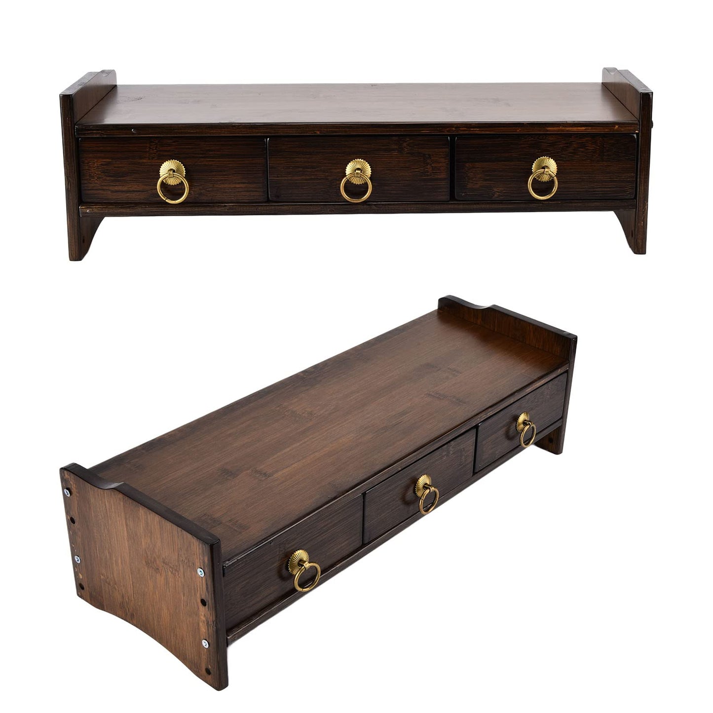 yangsense Monitor Stand, non-absorbent bamboo monitor stand with 3 drawers for studying at home office (walnut finish three drawers with back)