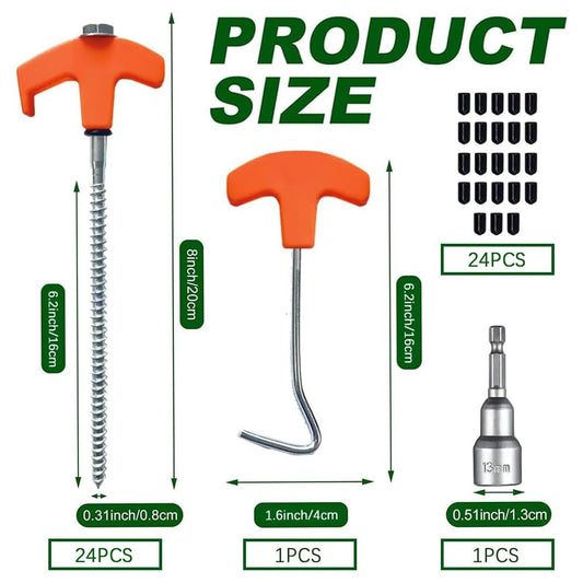24 pieces of screw-in camping pegs, rotating tent pegs with threads, screw-in camping pegs, pegs earth nails sturdy for hard ground, forest, meadows, grass. Durable and strong.