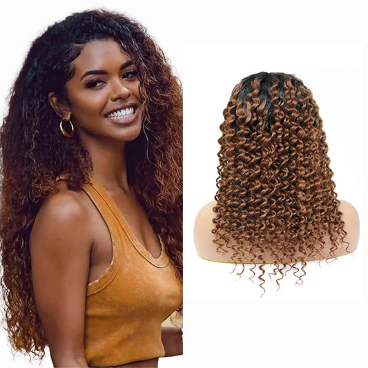 LYBYL Women's Human Hair Lace Front Wig 4X4 Lace Closure Wig Pre Plucked T1B/30 Blonde Curly Ombre Wig 22 inches (55.88cm)