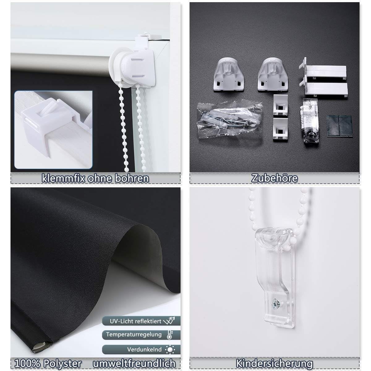 Grandekor blackout roller shade without drilling black 45x130cm (fabric width 41cm). Shades for windows without drilling & with drilling, blackout roller shade thermal roller shade clamp roller shade window shade darkening heat protection.