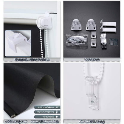 Grandekor blackout roller shade without drilling black 45x130cm (fabric width 41cm). Shades for windows without drilling & with drilling, blackout roller shade thermal roller shade clamp roller shade window shade darkening heat protection.