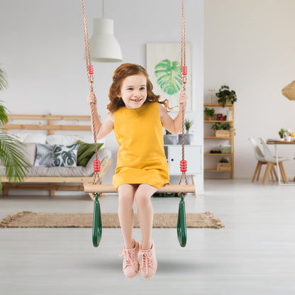 PELLOR Multifunction Kids Wooden Trapeze Swing with Plastic Gymnastic Rings for Hanging, Load Capacity up to 160KG Green