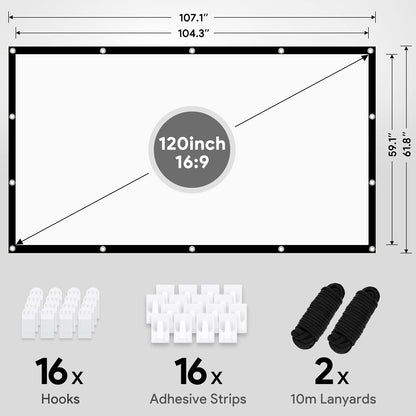 Osoeri Canvas Projector Screen 120 inch, 16:9 HD Foldable Projector Screen, Anti-wrinkle Dual-sided Projector Screen 265x149cm, Portable Projector Screen for Home, School, Meetings