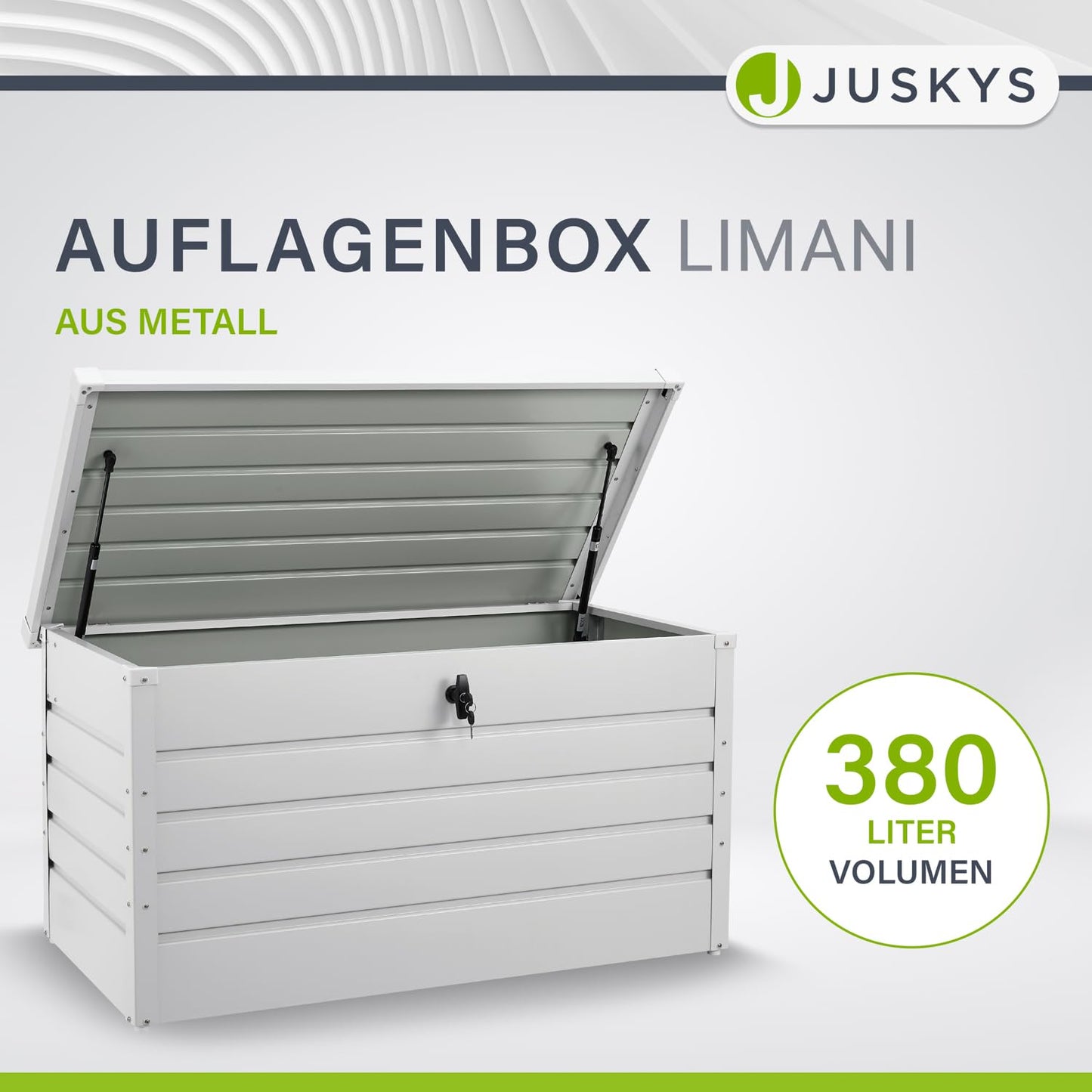 Juskys Metal Storage Box Limani 380 liters - Outdoor Box - waterproof, lockable - white garden box, cushion box for garden.