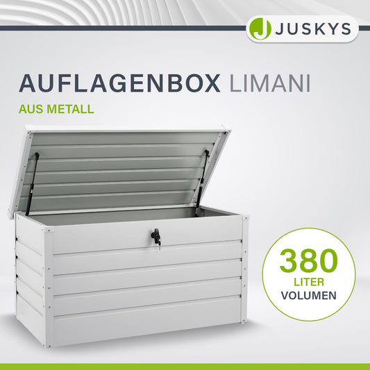 Juskys Metal Storage Box Limani 380 liters - Outdoor Box - waterproof, lockable - white garden box, cushion box for garden.