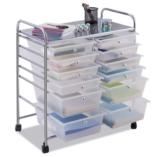 COSTWAY rolling cart with 12 stackable drawers, drawer cart with metal frame and shelf, bathroom cart storage cart for office, living room (Transparent)