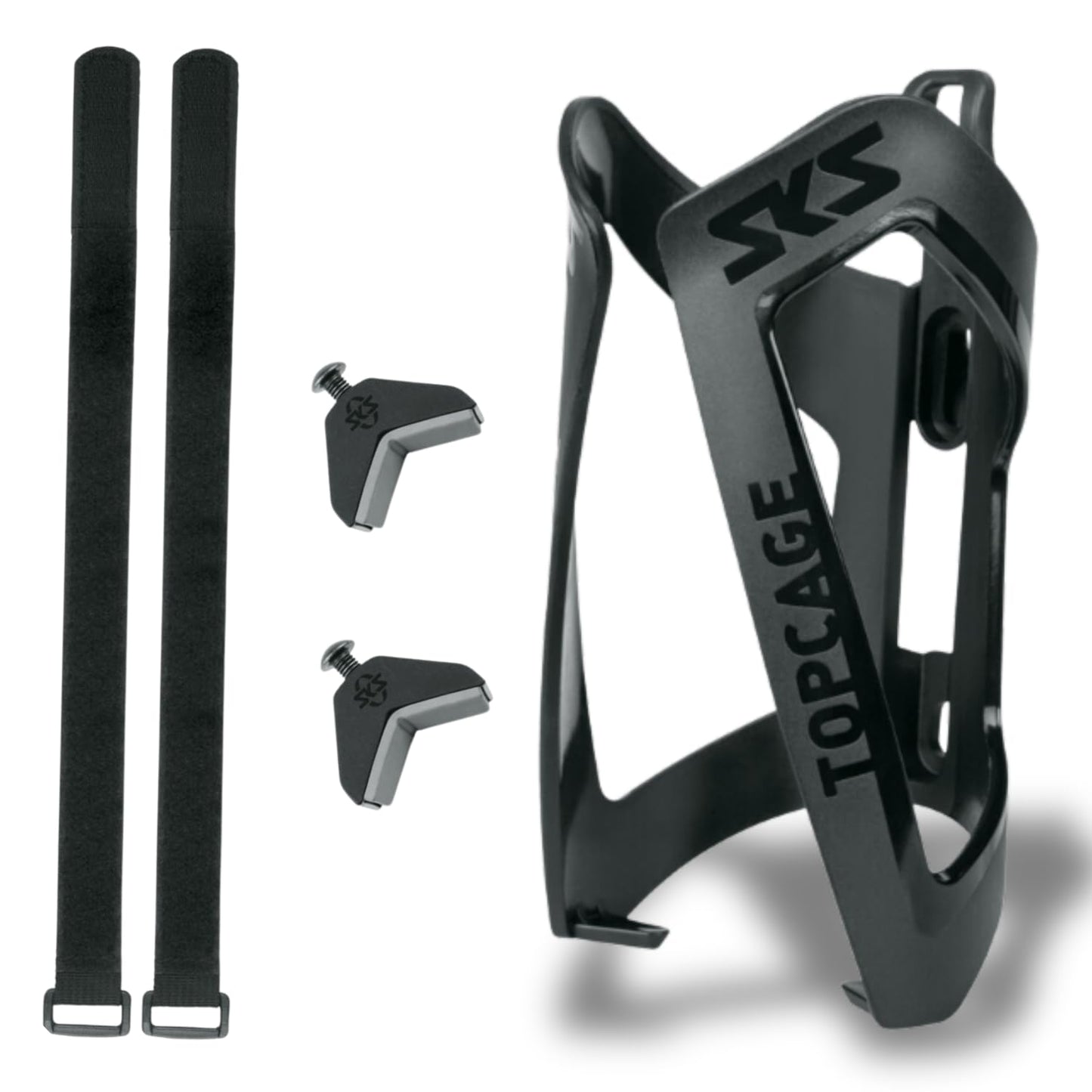 SKS GERMANY ANYWHERE TOPCAGE Bottle holder, bike accessory, holder for bottles on bicycles, including straps for tubes up to 80 mm in diameter, secure bottle grip, black.