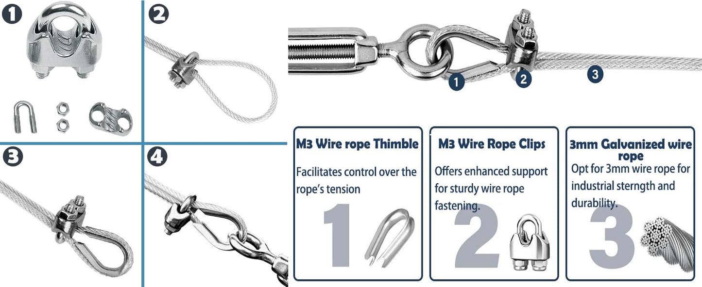 3mm stainless steel wire rope for climbing support, rust-free rope suitable for hanging lamps. Comes with M5 turnbuckles and wire rope thimbles. Length: 30m.